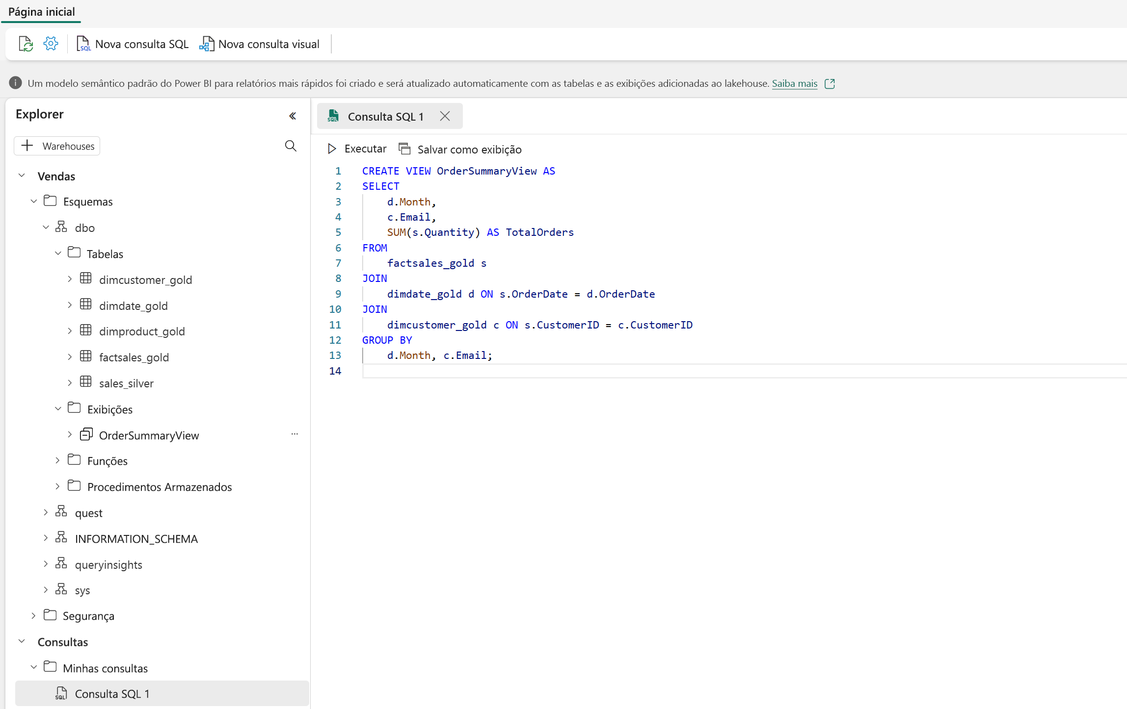 Screenshot of the SQL Query Editor displaying a T-SQL query creating a view.