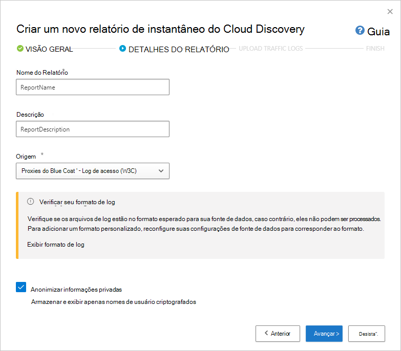 Screenshot of the Create New Cloud Discovery Snapshot Report wizard showing the page to enter the report details.