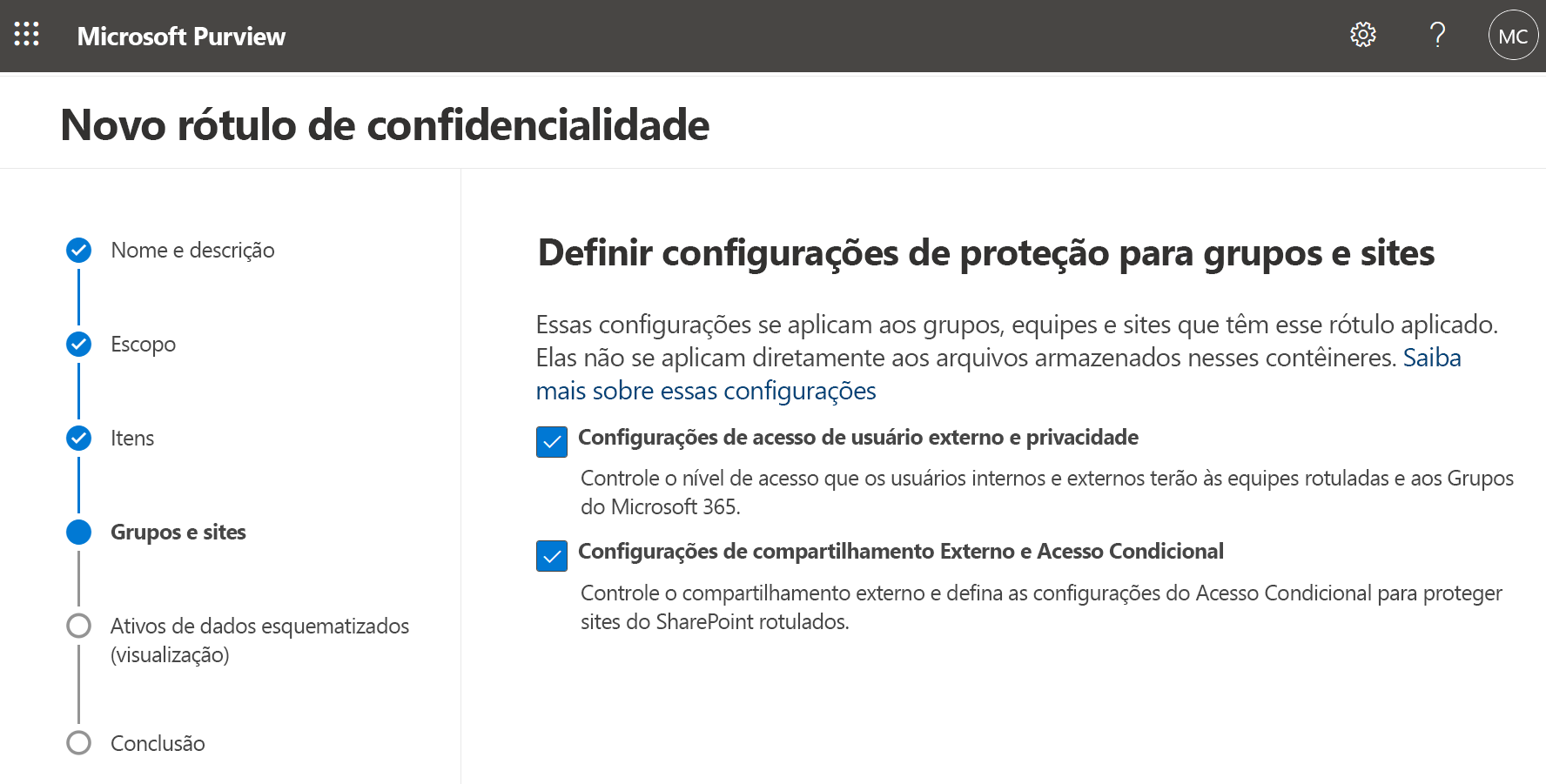 Captura de tela da guia Configurações do site e do grupo.