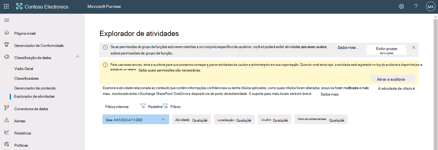 Captura de tela mostrando a página Explorador de atividades no portal de conformidade do Microsoft Purview.