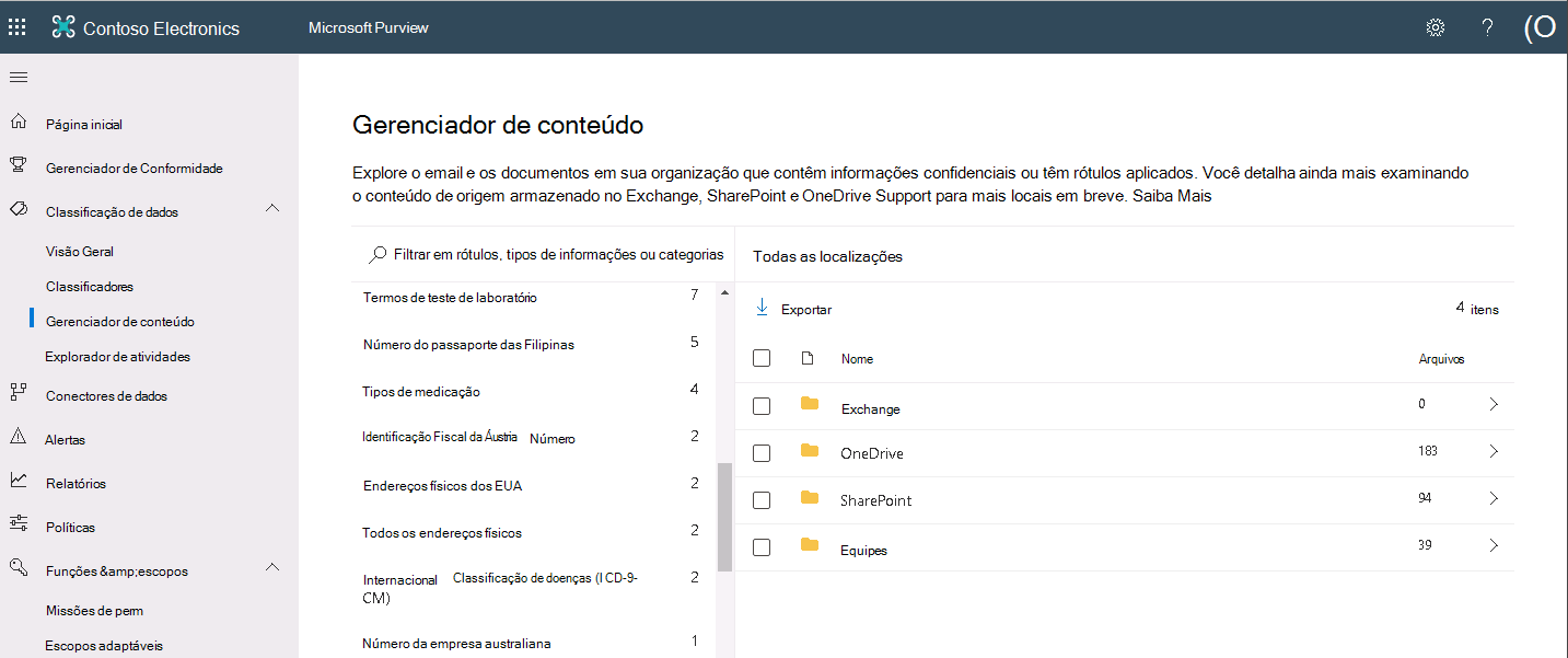 Captura de tela mostrando a página Explorador de conteúdos no portal de conformidade do Microsoft Purview.