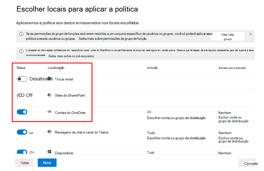 Screenshot showing the chosen locations to apply the policy page in the create policy wizard.