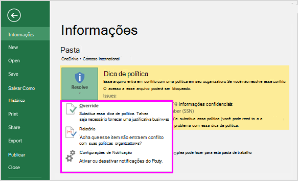 Screenshot of an Excel spreadsheet Info page showing a policy tip and the override option.