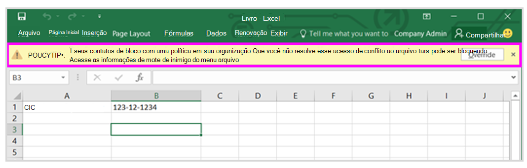 Screenshot of an Excel spreadsheet with a social security number that displays a policy tip message with an Override button.