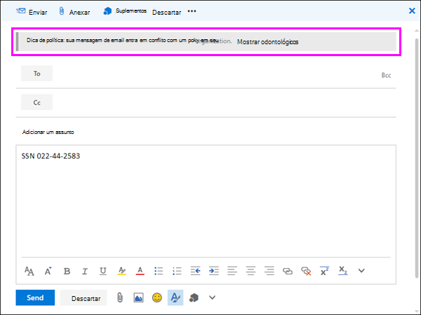 Screenshot of an email in Outlook displaying a sensitive data policy tip.