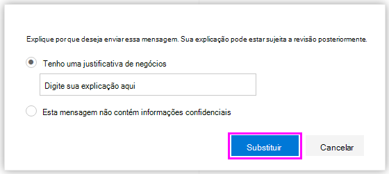 Screenshot of a policy tip override dialog window where you can enter a justification for overriding the policy tip.