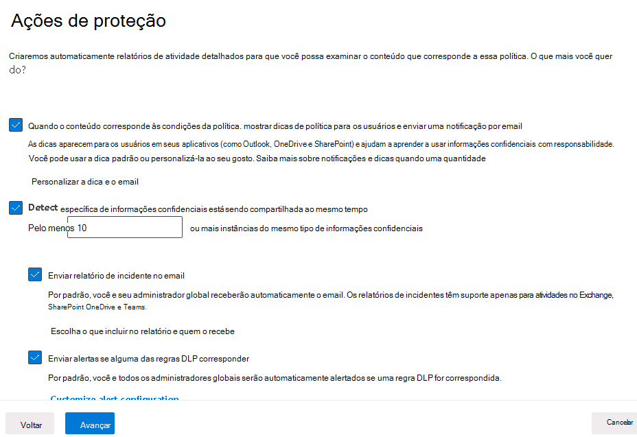 Screenshot showing the protection actions page in the create policy wizard.