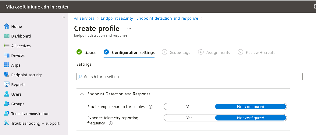 Captura de tela das opções de configuração para a configuração de Detecção e Resposta de Ponto de Extremidade na página Criar perfil.