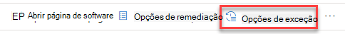 Captura de tela do botão de opções de exceção no submenu de recomendação de segurança.