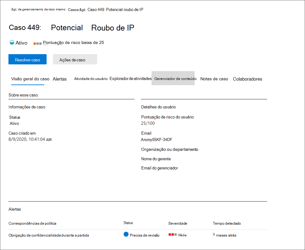 Screenshot of the Insider risk management dashboard showing the Case details page.