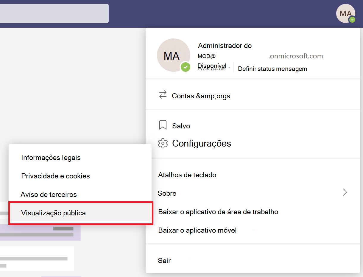 Captura de ecrã a mostrar a opção de pré-visualização pública no cliente do Teams.