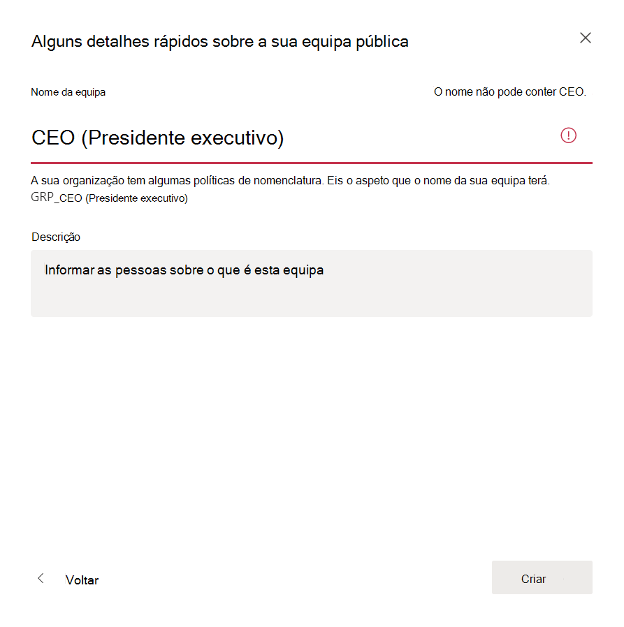 Captura de ecrã a mostrar o aviso Palavras bloqueadas do Teams.