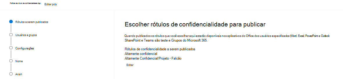 Captura de tela dos rótulos Escolher confidencialidade para publicar a janela no assistente Editar política.