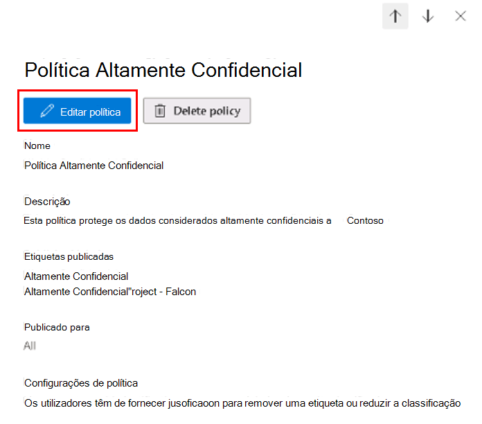 Captura de tela do painel de detalhes de uma política de rótulo de confidencialidade com o botão Editar política destacado.