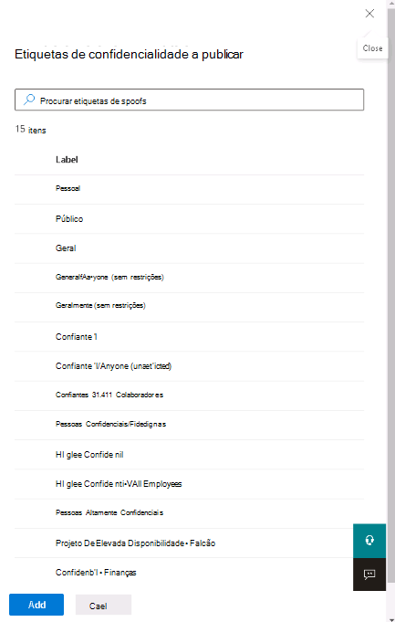 Captura de tela do painel Rótulos de sensibilidade para publicação.