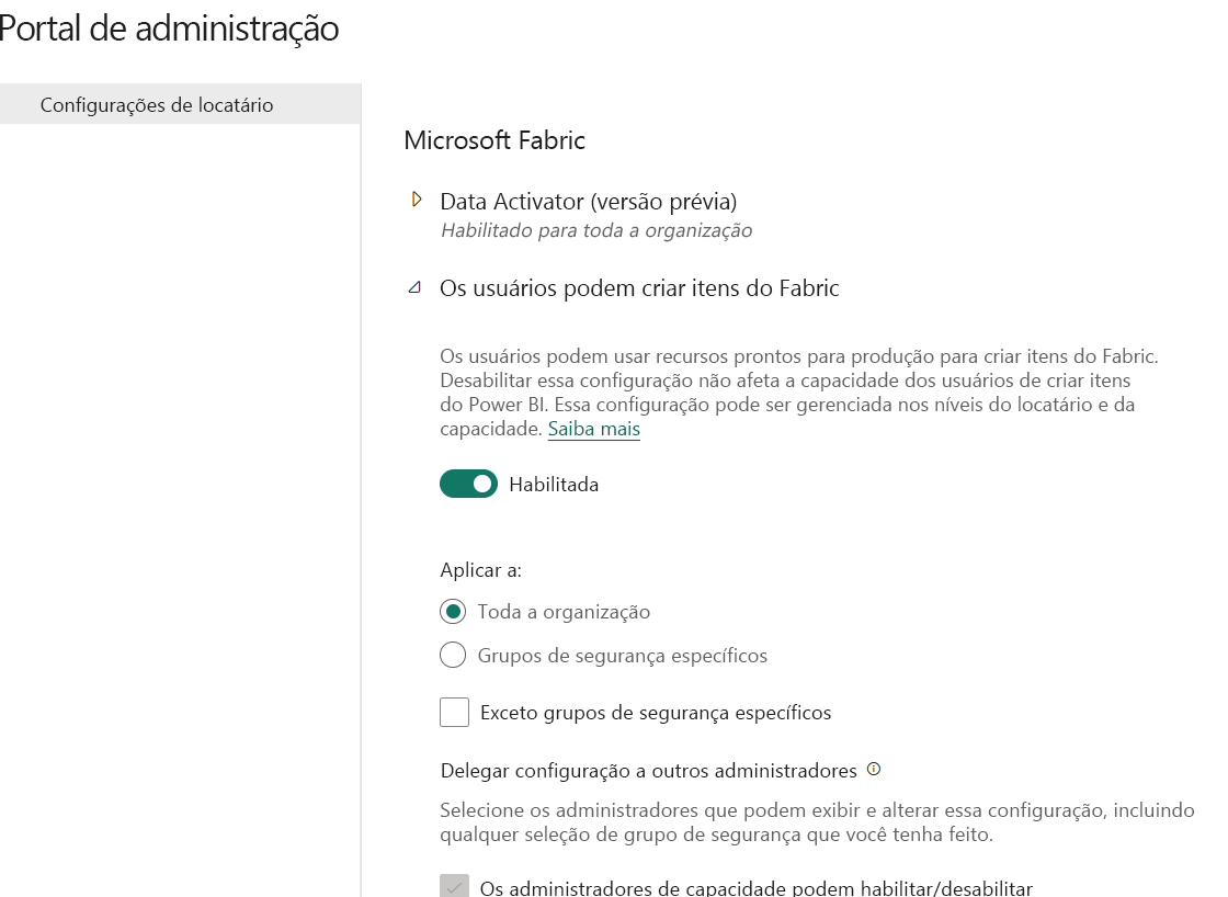 Captura de tela das configurações para habilitar o Fabric no portal de administração do Fabric.