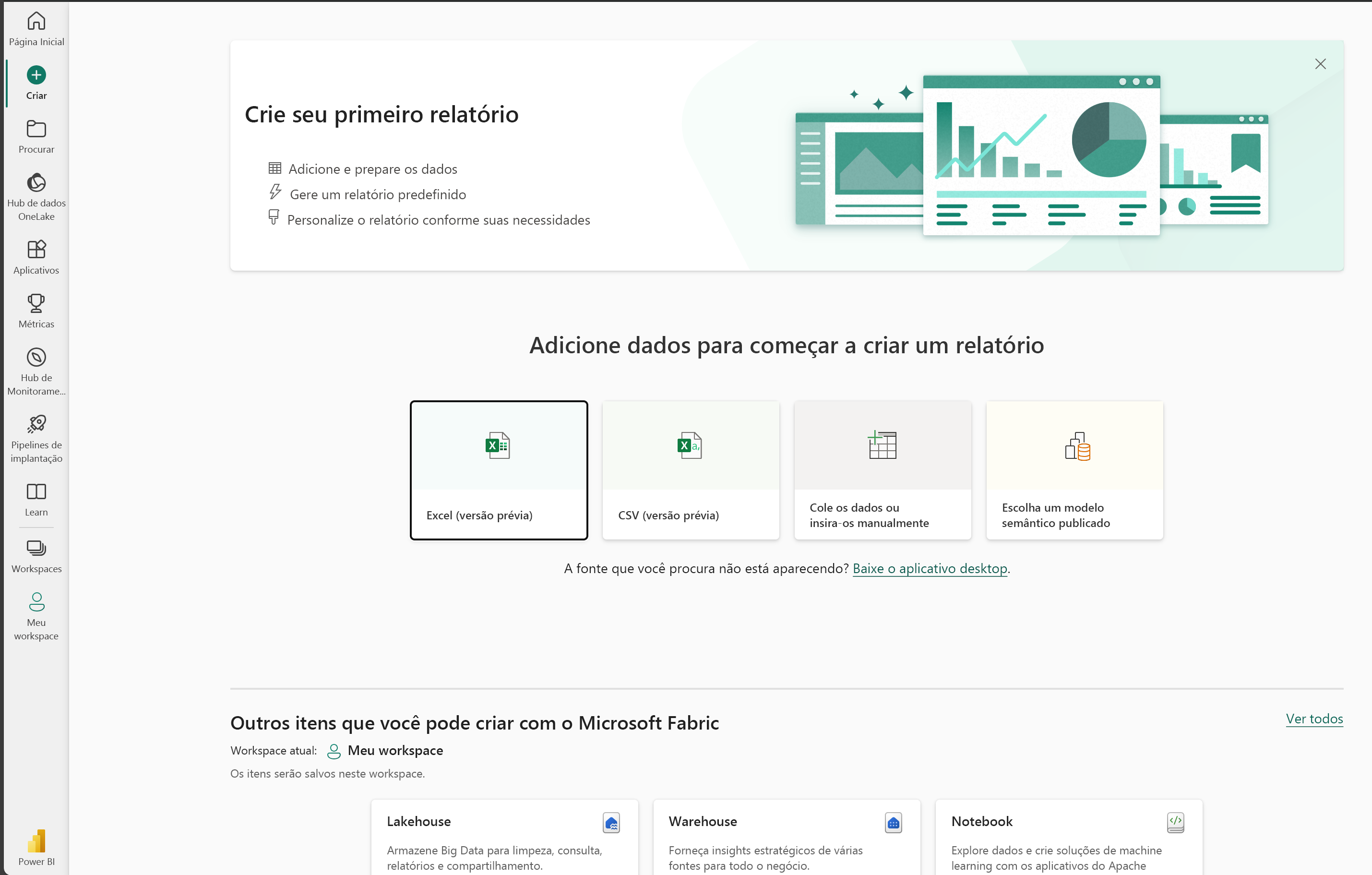 Captura de tela do serviço do Power BI com o menu “Criar” realçado no canto superior esquerdo da interface do usuário.