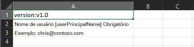 Screenshot of a clipped version of the C S V template for bulk deleting user accounts, with text boxes explaining the purpose of each row.