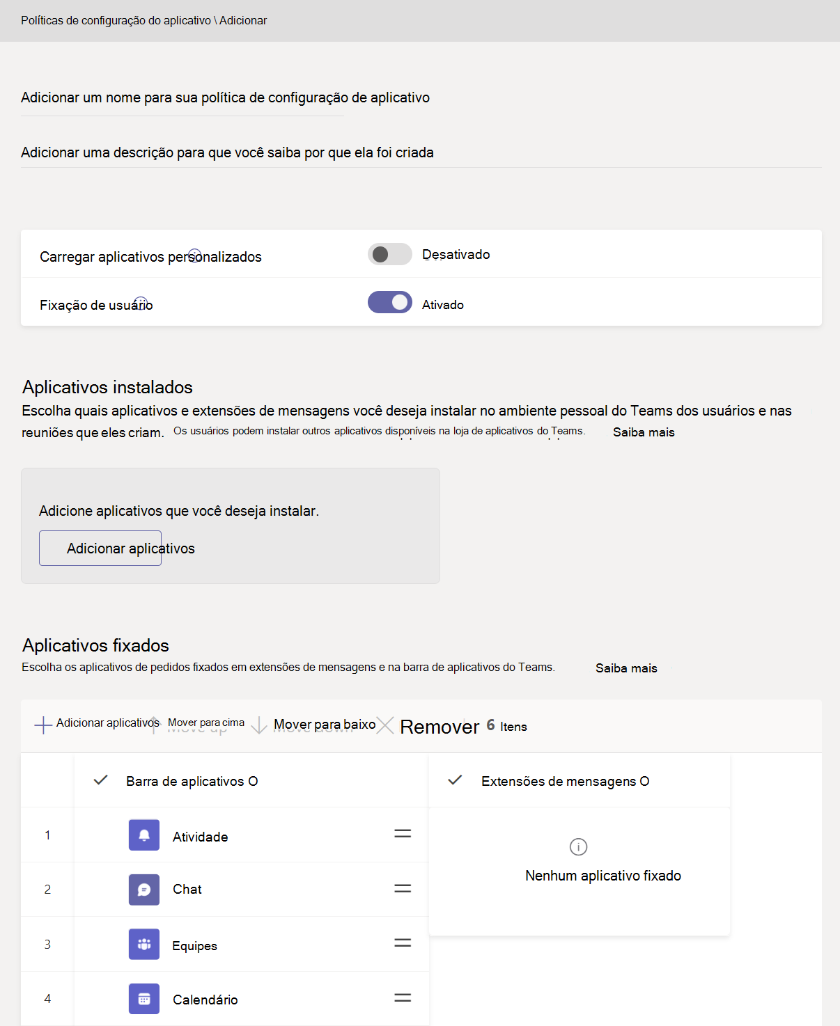  Captura de tela mostrando a página Adicionar políticas de configuração de aplicativo.