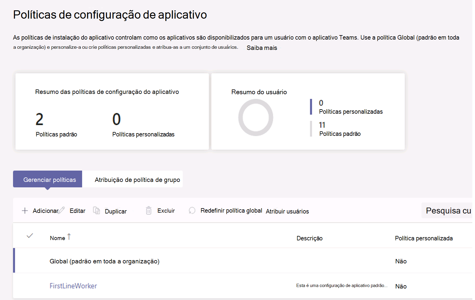  Captura de tela das políticas de configuração do aplicativo.