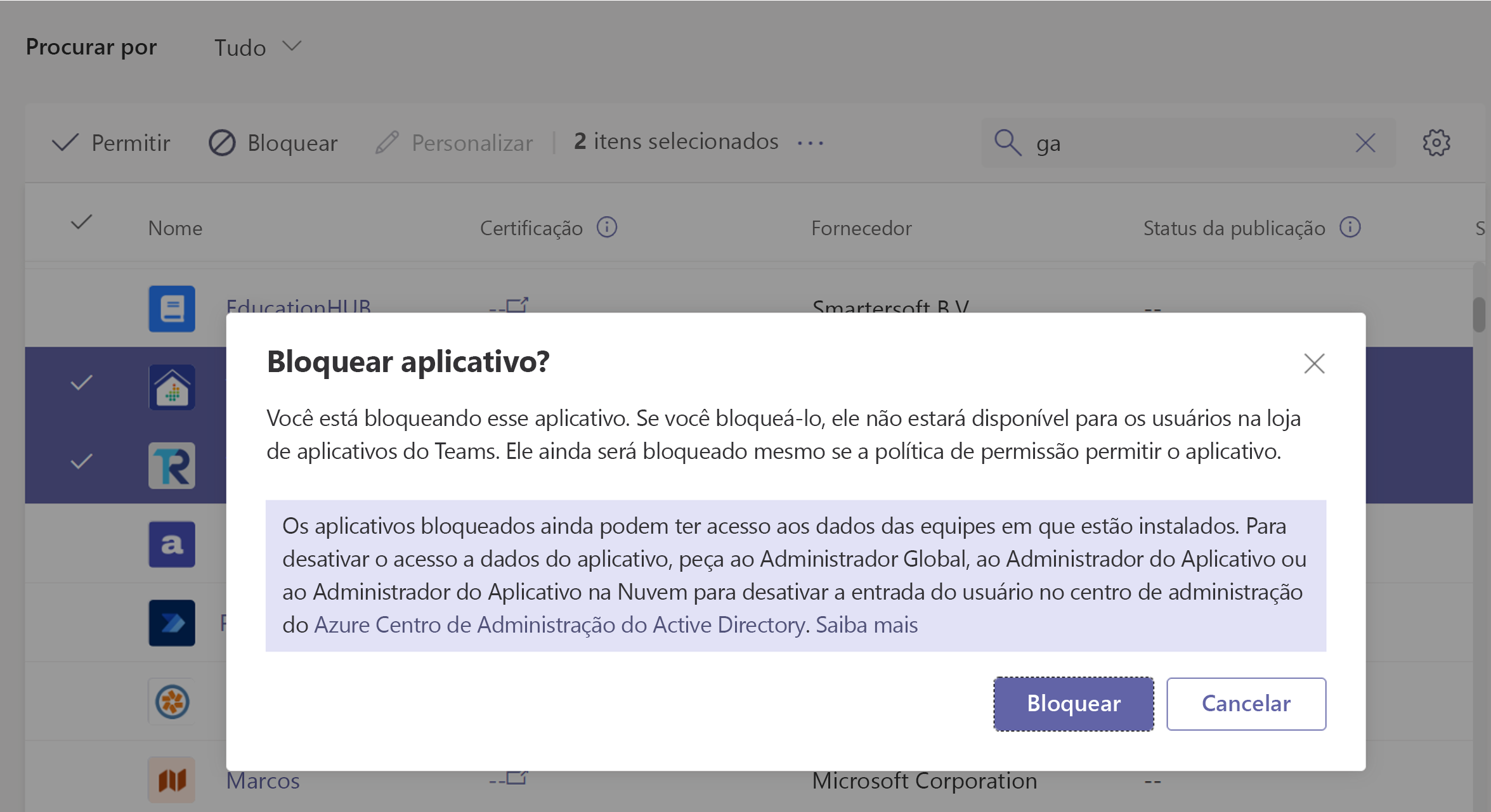  Captura de tela do bloqueio de aplicativos no Centro de administração do Teams.