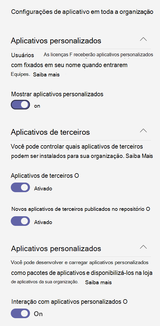  Captura de tela das configurações do aplicativo em toda a organização.