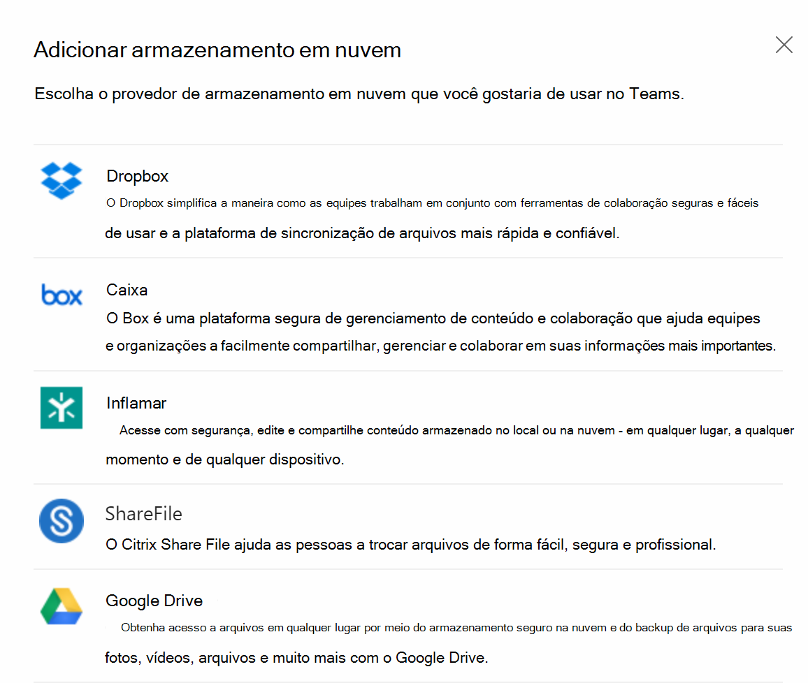  Captura de tela das opções de armazenamento de arquivos em nuvem no cliente do Teams.