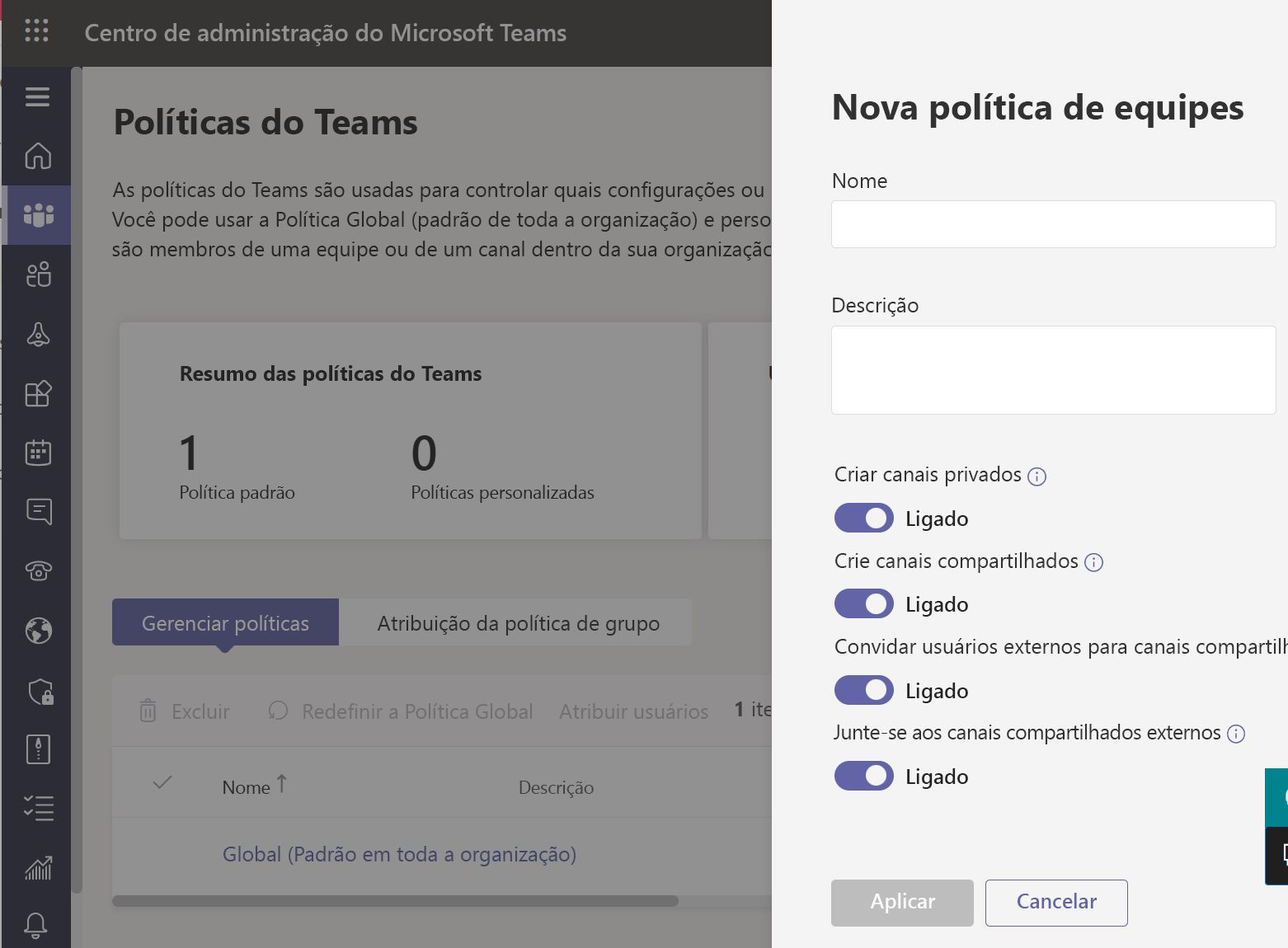  Captura de tela do gerenciamento de usuários de políticas do Teams.