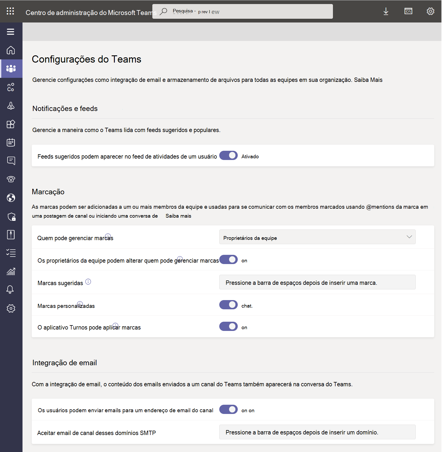  Captura de tela do centro de administração do Microsoft Teams: configurações do Teams.