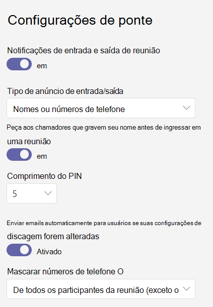 Captura de tela das configurações das Pontes de Conferência.