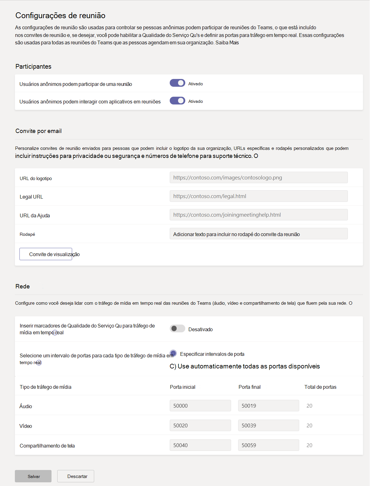 Captura de tela das configurações de Reunião.