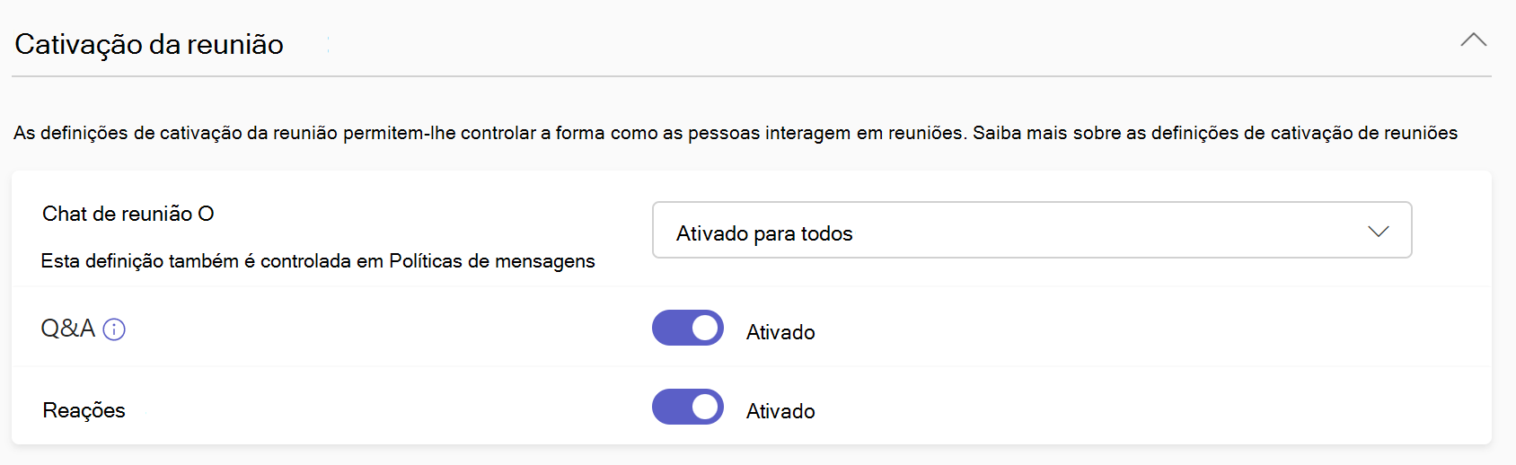Captura de ecrã a mostrar as políticas de cativação de reuniões do Teams.