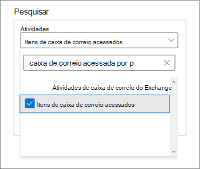 Captura de ecrã da janela Procurar com a opção Itens de caixa de correio acedidos selecionada para a definição Atividades.