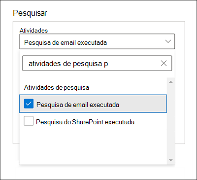 Captura de ecrã da janela Procurar com a opção Pesquisa de e-mail efetuada selecionada para a definição Atividades.