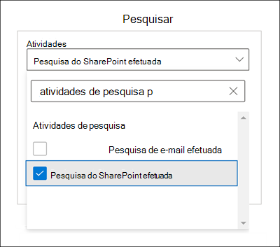 Captura de ecrã da janela Procurar com a opção de pesquisa Do SharePoint Executada selecionada para a definição Atividades.