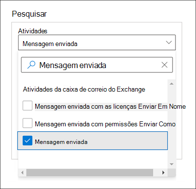 Captura de ecrã da janela Procurar com a opção Mensagem enviada selecionada para a definição Atividades.