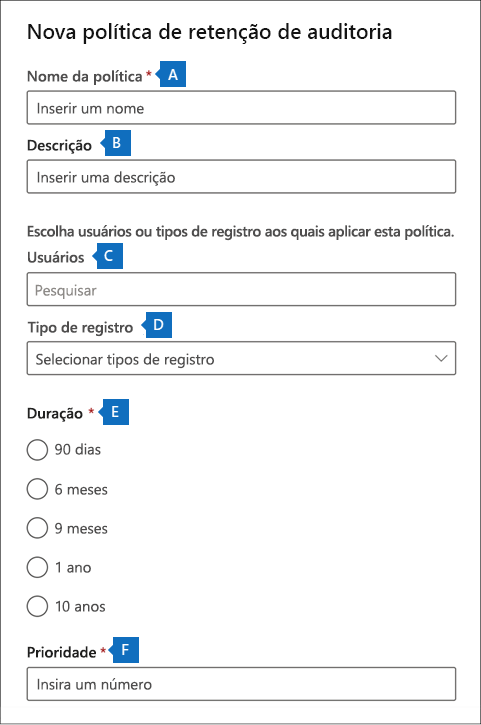 Captura de tela mostrando a janela Nova política de retenção de auditoria com várias das configurações realçadas.