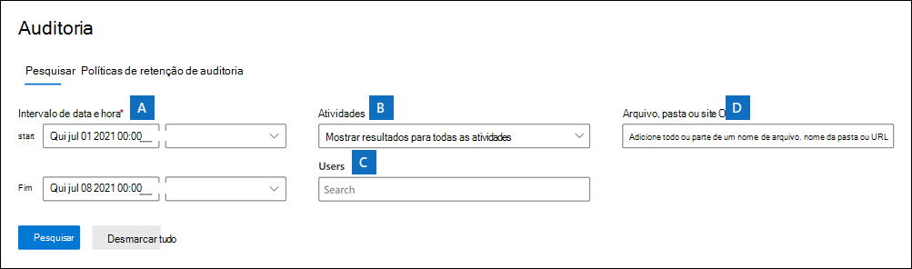 Captura de tela da página Auditoria no portal de conformidade do Microsoft Purview mostrando as várias configurações que podem ser definidas.