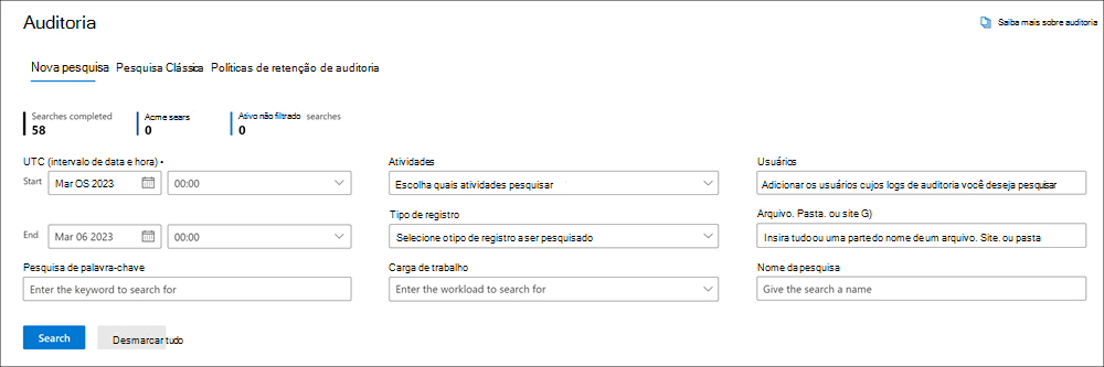 Captura de tela da ferramenta de Pesquisa de log de auditoria no portal de conformidade do Microsoft Purview.