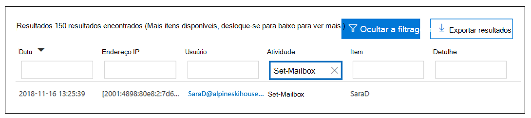 Captura de tela mostrando a página de resultados da pesquisa com a atividade Definir Caixa de Correio realçada para filtrar os resultados.