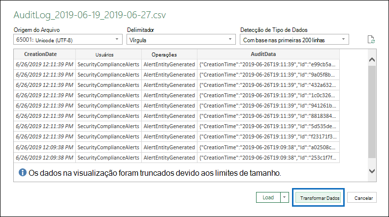 Captura de tela de um arquivo CSV baixado mostrando o botão Transformar Dados realçado.