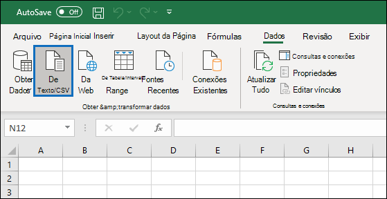 Captura de tela de uma planilha Excel mostrando a seção “Obter e transformar dados” na faixa de opções e a opção “A partir do Texto/CSV” realçada.