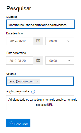 Captura de tela de uma janela de pesquisa de conteúdo mostrando os campos a serem inseridos para pesquisar todas as atividades concluídas por um usuário externo.