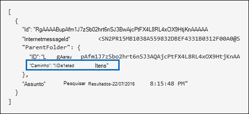 Captura de tela do registro de Auditoria de um item de email excluído temporariamente.