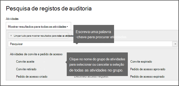 Captura de tela mostrando a janela de pesquisa do Log de Auditoria com caixas de texto explicativo exibindo várias dicas de pesquisa.