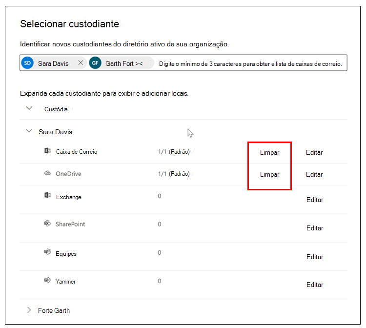 Captura de tela da tela Selecionar custodiante com a opção Limpar realçada na caixa de correio do Exchange do usuário e na conta do OneDrive.