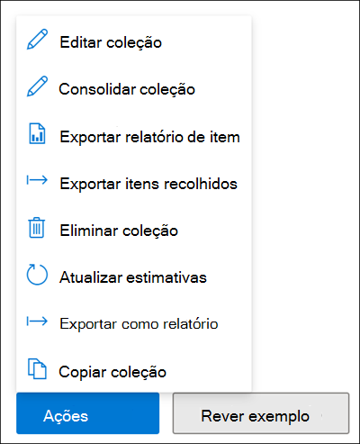 Captura de ecrã a mostrar as ações disponíveis para estimativas de coleção.