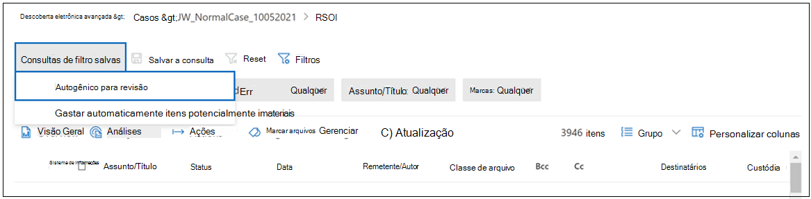 Captura de tela de um conjunto de revisão mostrando a opção Consultas de filtro salvas e a opção Para Revisão no menu suspenso.