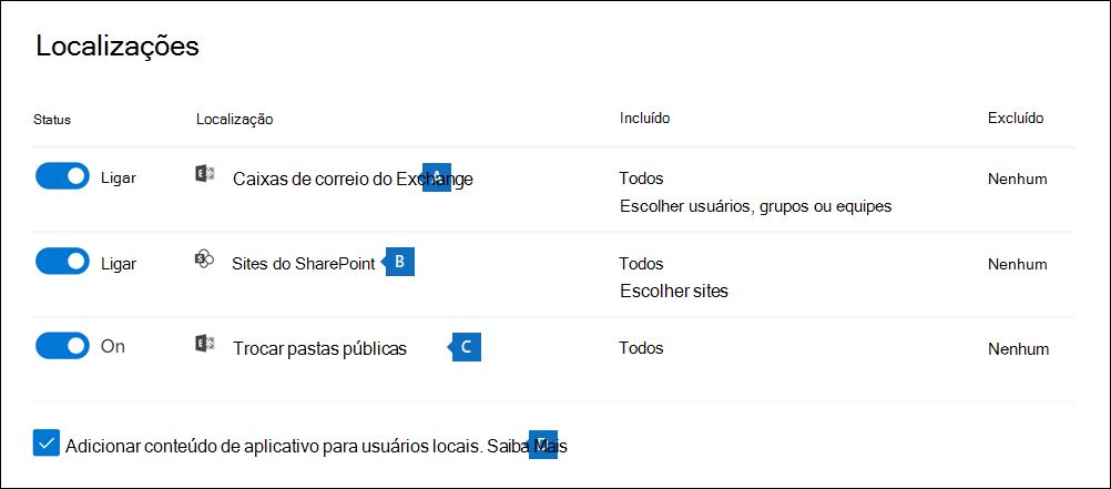 Captura de tela mostrando a página Locais no assistente de “Nova pesquisa”, com os três locais realçados.