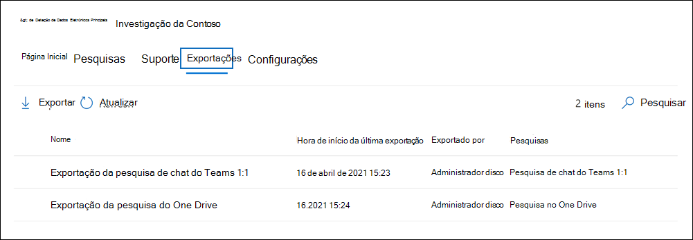 Captura de tela da página de detalhes de um caso mostrando a guia Exportações e dois trabalhos de exportação que foram executados para o caso.